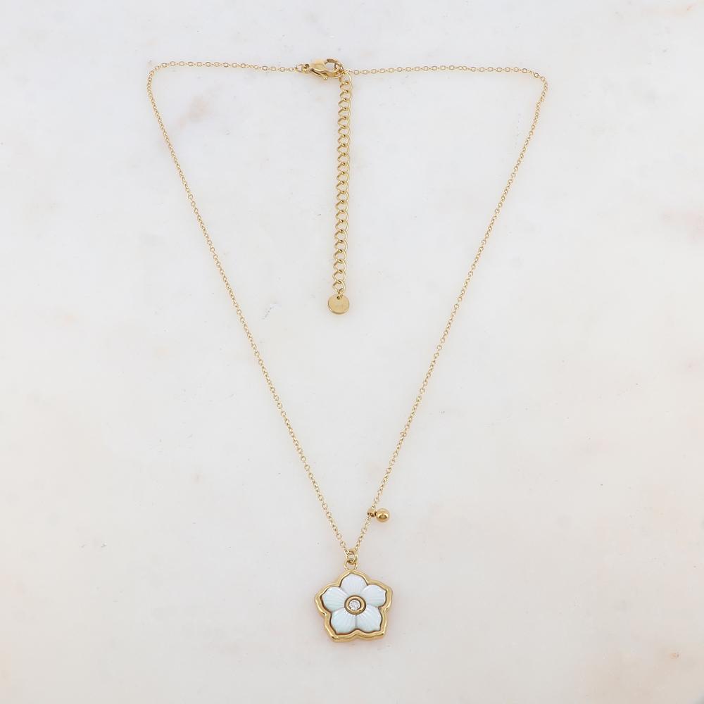 Collier avec une fleur ornée de nacre et un strass blanc 39+7 cm