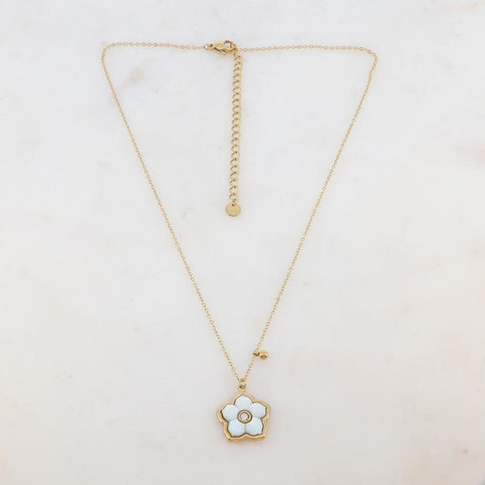 Collier avec une fleur ornée de nacre et un strass blanc 39+7 cm