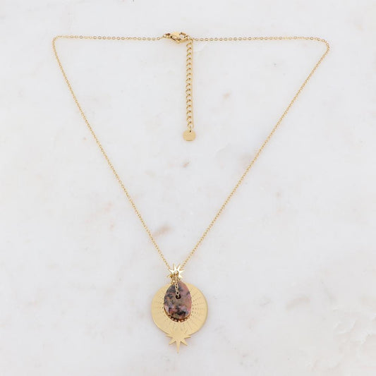 Collier sur chaîne composé d'une pampille et d'une pierre naturelle rose marbré rhodonite 40+5 cm