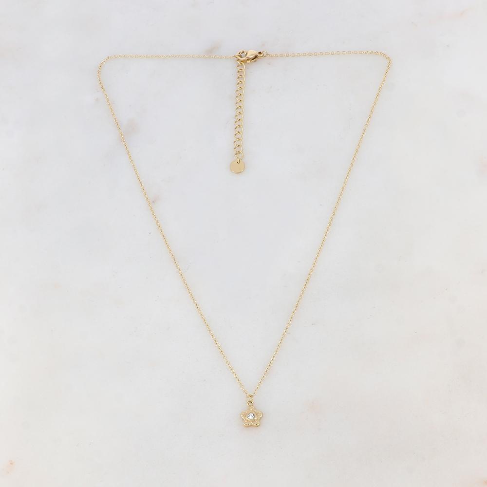 Collier doré avec un pendentif fleur serti d'un strass blanc 41+5 cm