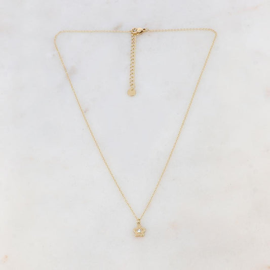 Collier doré avec un pendentif fleur serti d'un strass blanc 41+5 cm
