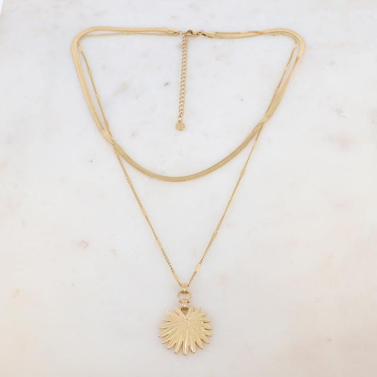 Collier 2 rangs avec maille miroir, pendentif feuillage (40/48+7CM)