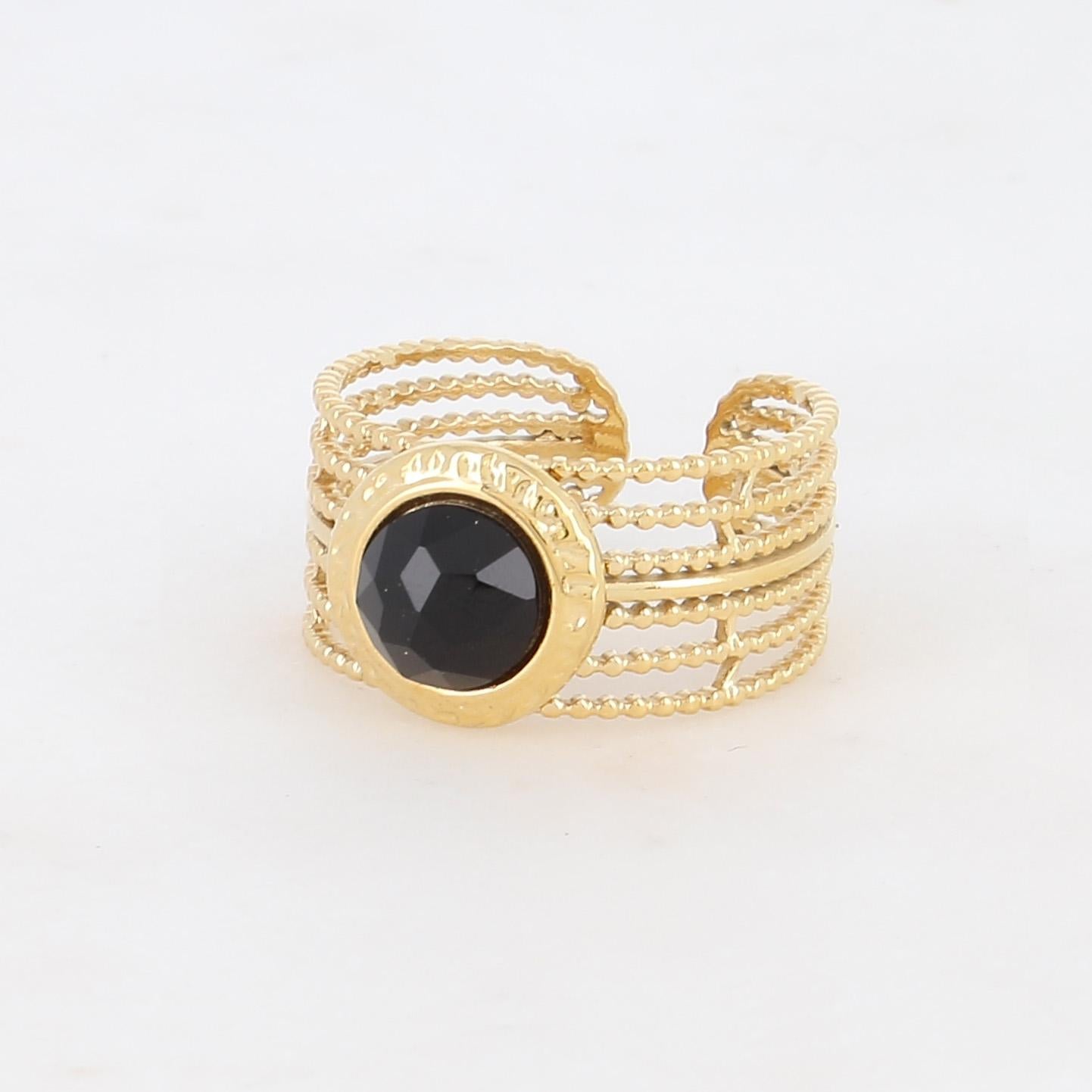 Bague multirangs texturée sertie d'une pierre naturelle - Onyx