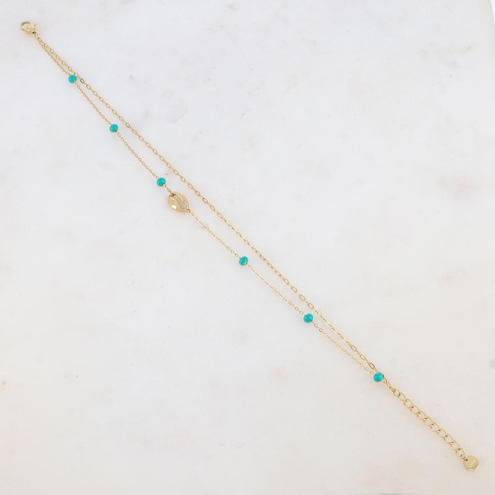 Chaîne de cheville deux rangs avec boules émaillées et cauri (22 + 3CM)