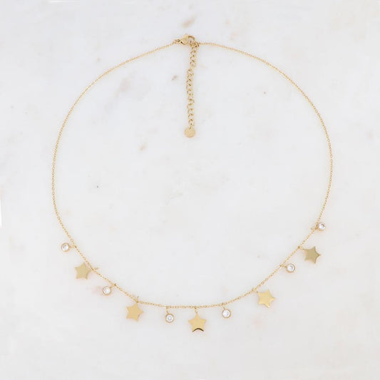 Collier doré composé de pendants étoile et de strass blancs 40+5 cm
