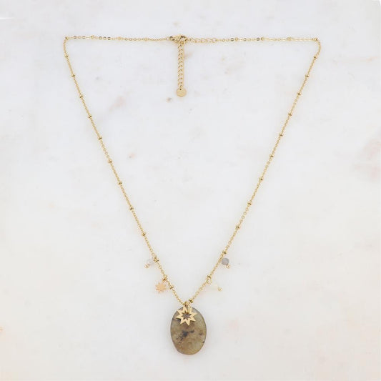Collier avec pampilles étoiles et pierre labradorite 45+5 cm