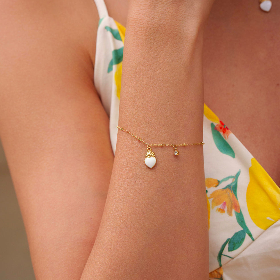 Bracelet avec strass et pampille cœur émaillé