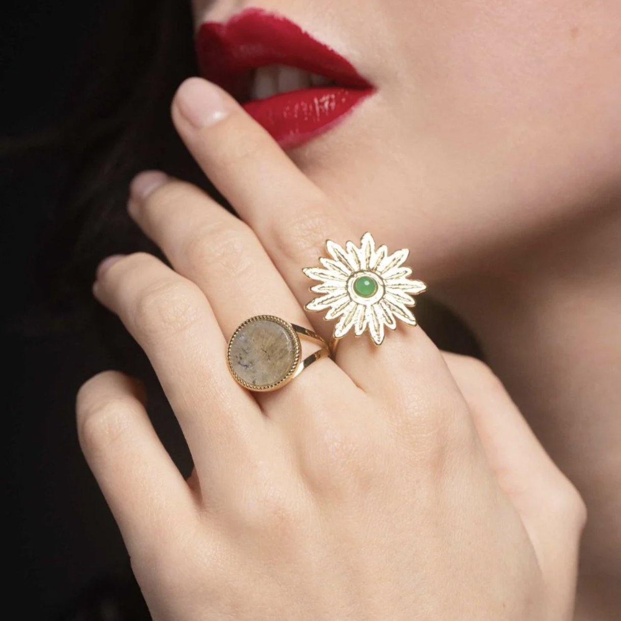 Bague ronde avec pierre naturelle - Labradorite claire