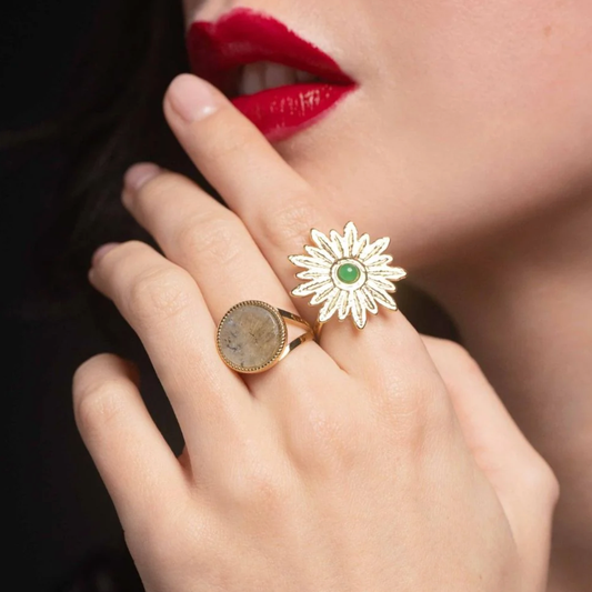 Bague ronde avec pierre naturelle - Labradorite claire