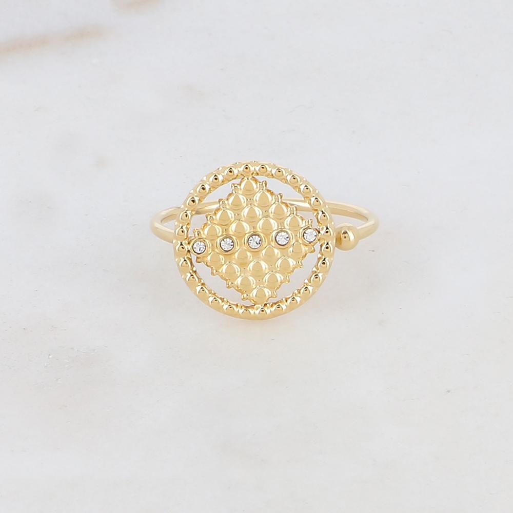 Bague fine réglable avec pièce ronde ajourée de façon géométrique, 5 strass - Blanc