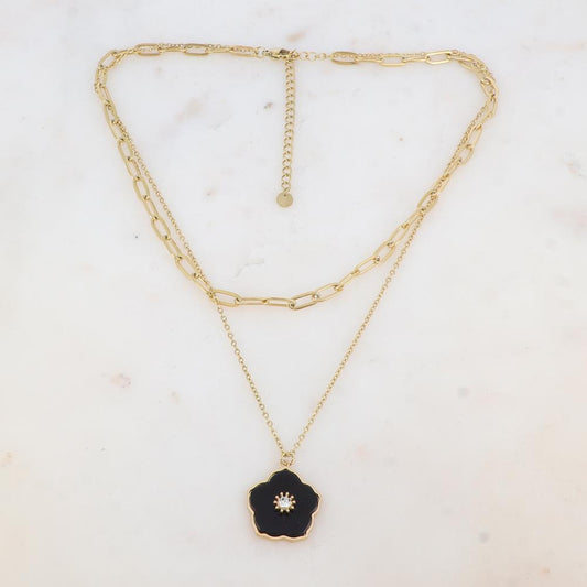 Collier double rangs avec pendentif fleur en pierre naturelle et strass (38/42+7CM)