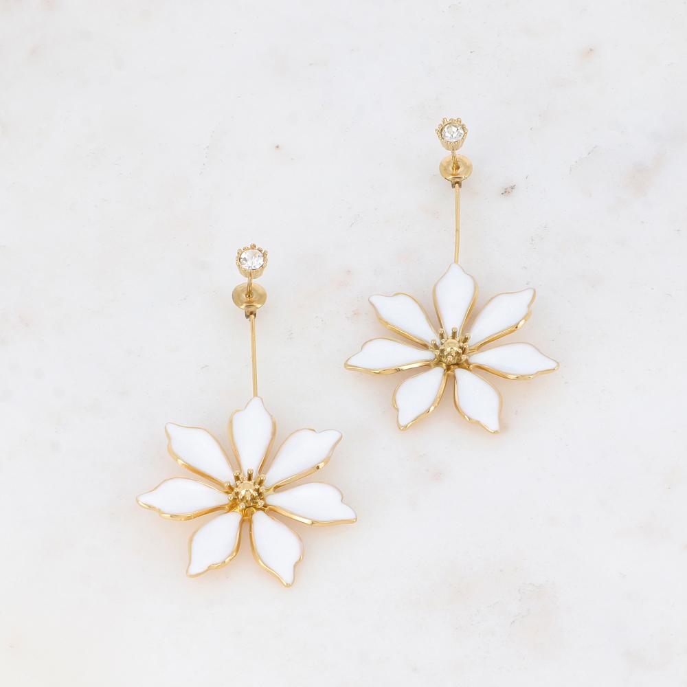 B.O à puce avec fleur émaillée et strass 3,7 x 6,3 cm.
