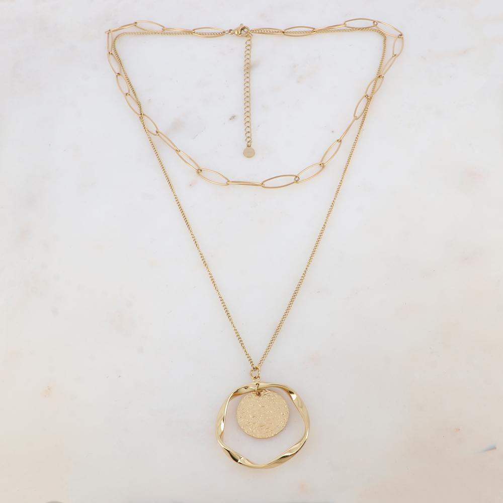 Collier avec maille, pendentif rond martelé et anneau ondulé (38/50+7CM)
