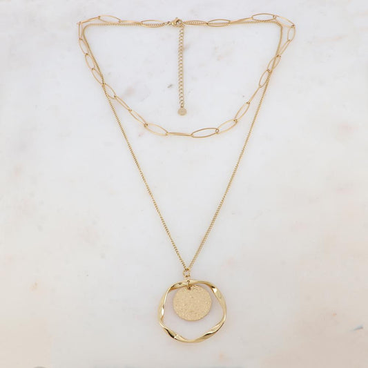 Collier avec maille, pendentif rond martelé et anneau ondulé (38/50+7CM)