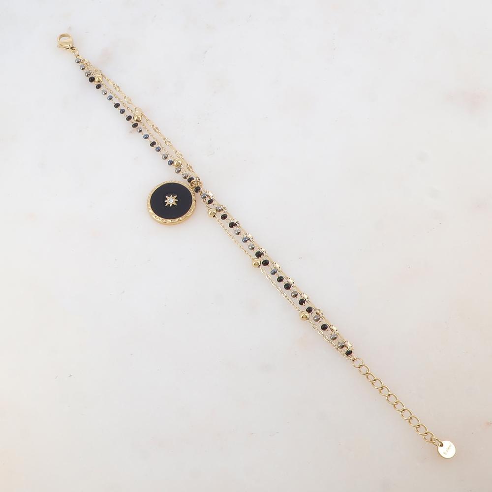 Bracelet trois rangs avec perles émaillées, petites boules, pièce ronde émaillée, étoile et strass
