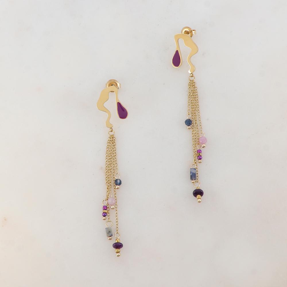 B.O à puce pendantes avec pièce émaillée, 4 chaînes, pierres naturelles 1,1 x 7,8 CM