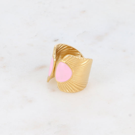 Bague avec pièce graphique à rayure et géométrique, émail - Rose