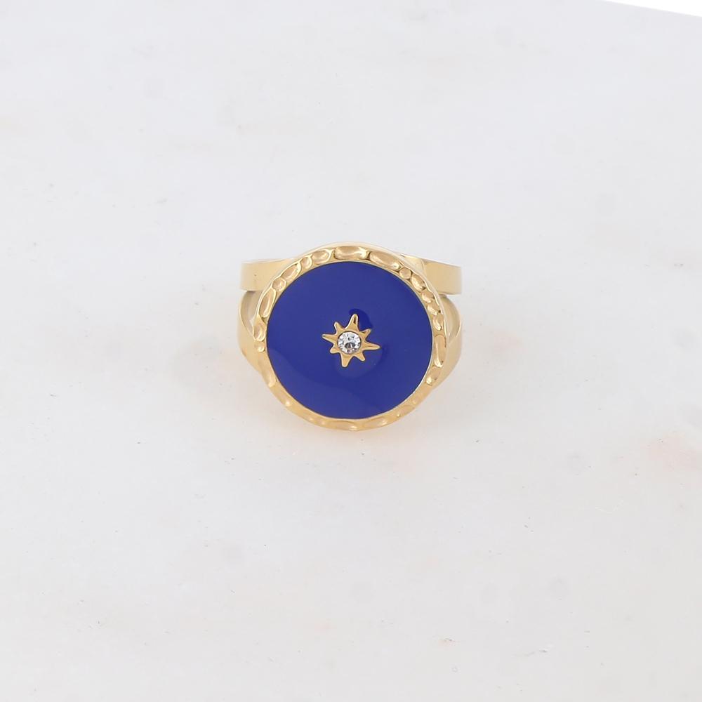 Bague avec pièce ronde émaillée, étoile et strass - Bleu