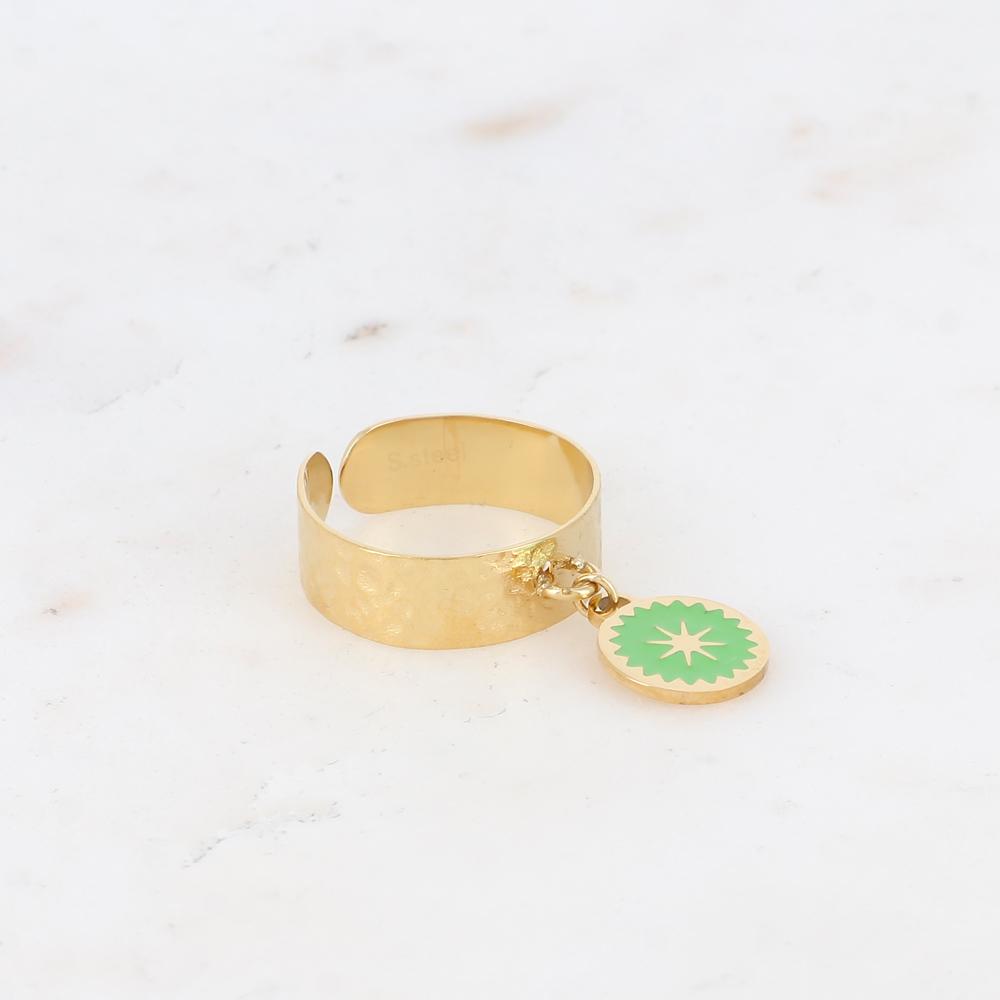 Bague pampille ronde, émail et étoile - vert