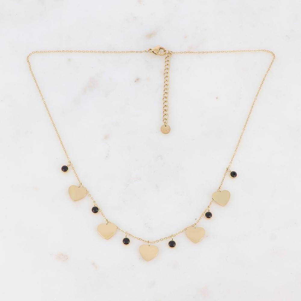 Collier doré composé de pendants cœur et de strass noirs 41+5 cm