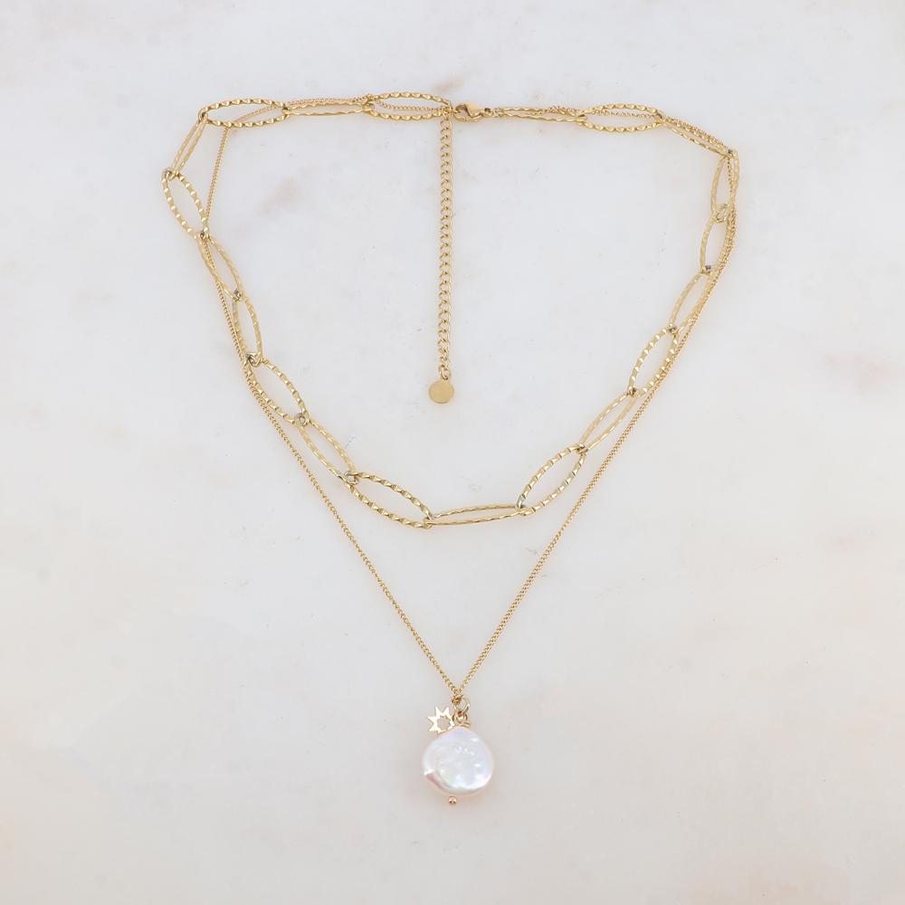 Collier en maille 2 rangs avec pendentif perle d'eau douce (38/42+7CM)