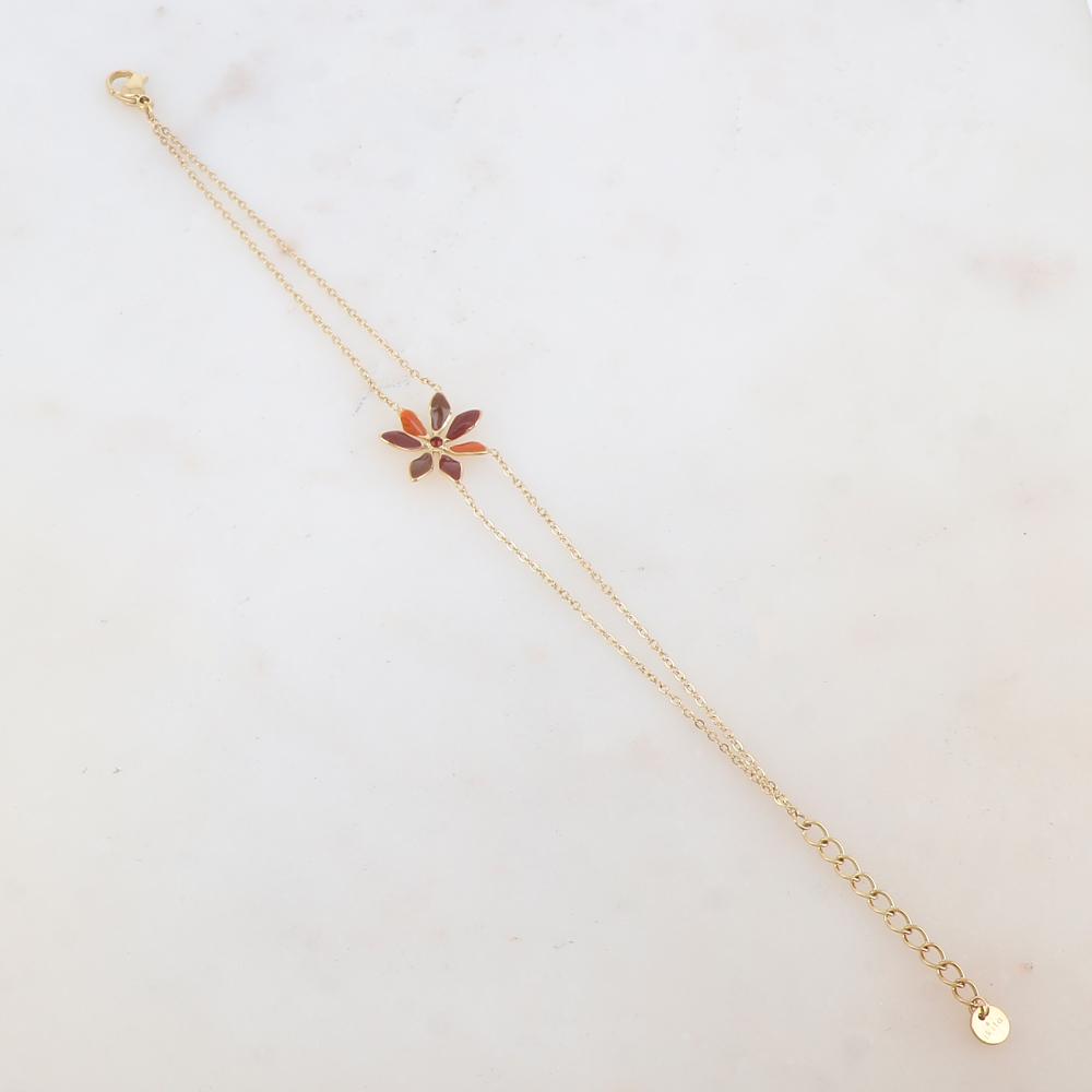 Bracelet deux rangs avec pendant fleur émaillée et strass