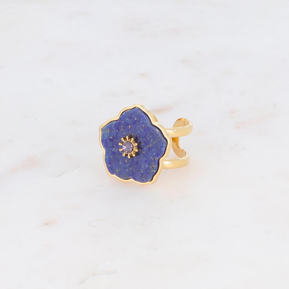 Bague double rangs avec fleur en pierre naturelle et strass - Lapis lazulite