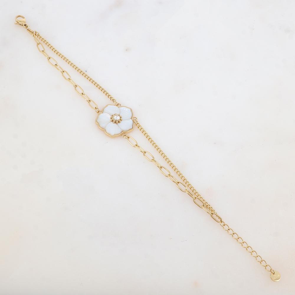 Bracelet deux rangs avec maille, pendentif fleur en nacre blanche, strass