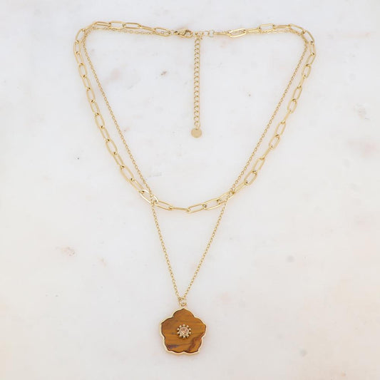 Collier double rangs avec pendentif fleur en pierre naturelle et strass (38/42+7CM)