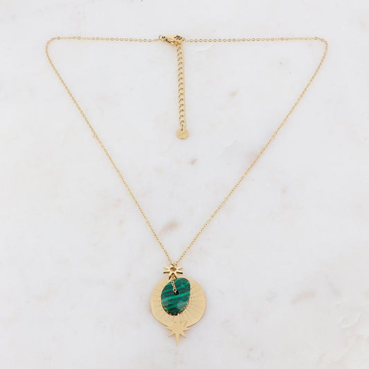 Collier sur chaîne composé d'une pampille et d'une pierre naturelle malachite 40+5 cm