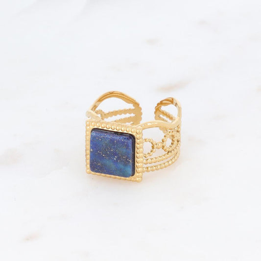 Bague ajourée avec une pierre naturelle carrée - Lapis lazulite