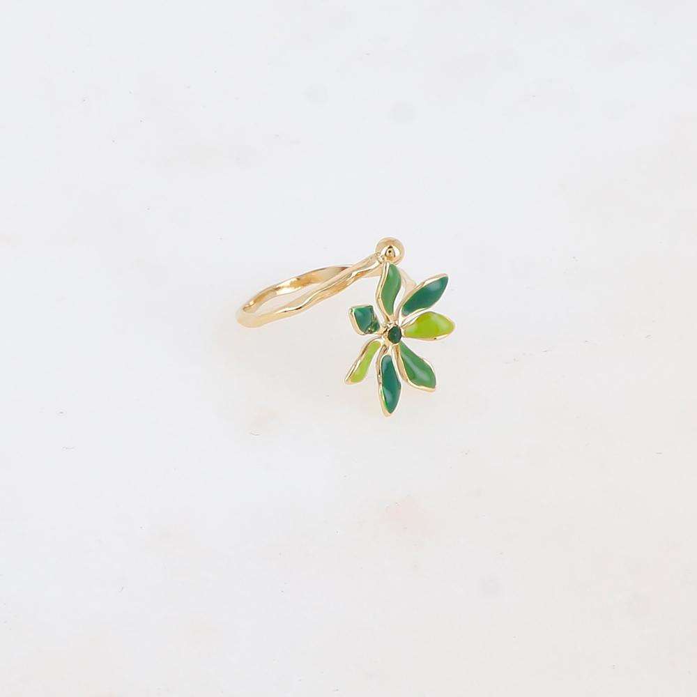 Bague fine avec fleur émaillée et strass - Vert