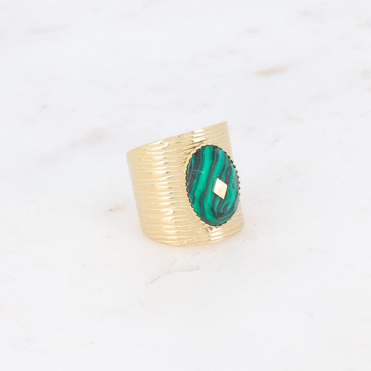 Bague avec cabochon en pierre reconstituée - Malachite