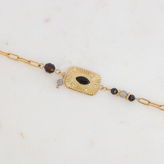 Bracelet avec pièce rectangulaire strass et pierres naturelles