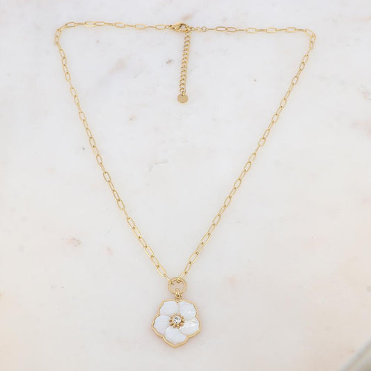 Collier avec pendentif fleur en nacre, strass (45+5CM)