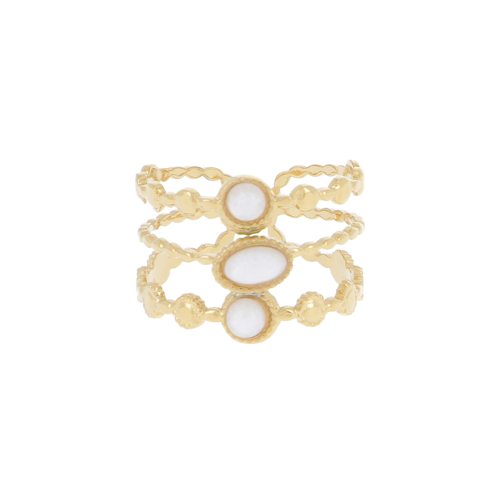 Bague 3 rangs avec petits ronds et pierres naturelles - Agate blanche