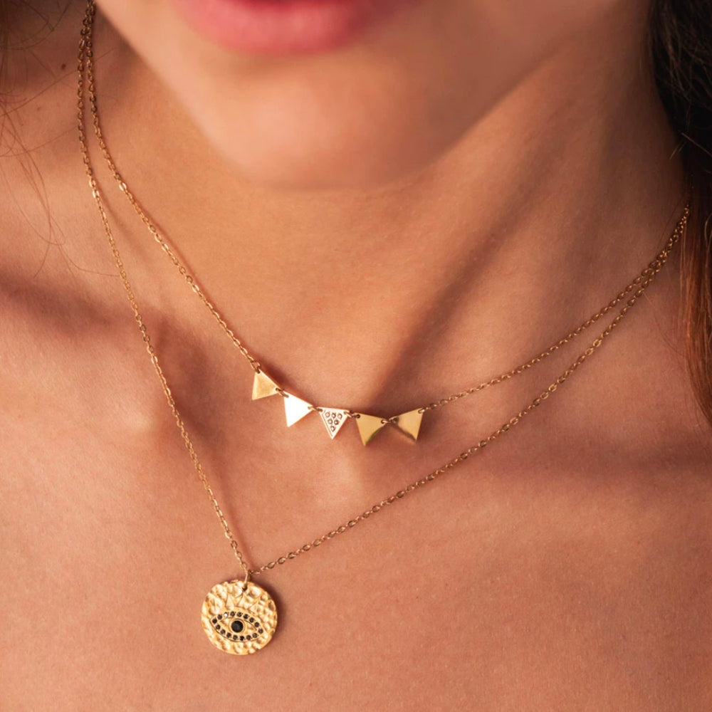Collier doré 2 rangs avec strass, pendant au motif œil bienveillant avec strass blancs 42/50+5 cm