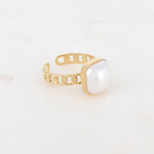 Bague en maille plate ornée d'une pierre carrée - Nacre