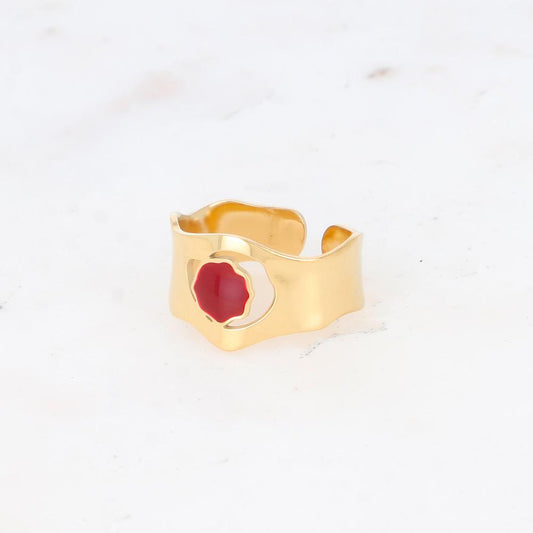 Bague avec pièce géométrique ondulée, émail - Rouge