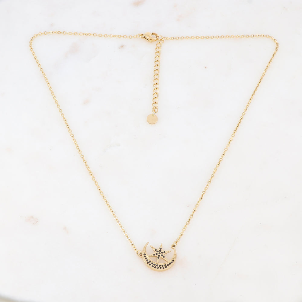 Collier doré composé d'un pendentif étoile et lune ornée de strass noirs 40+5 cm