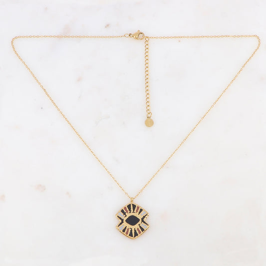 Collier doré avec une pièce graphique émaillée noire 40+5 cm