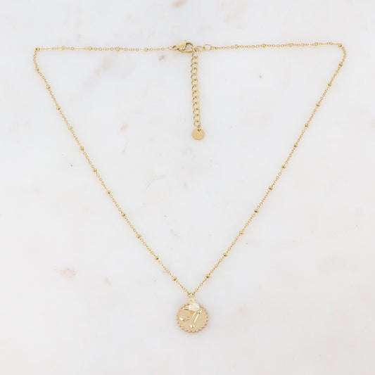 Collier doré avec 3 petites perles d'eau douce et pampille graphique 41+5 cm