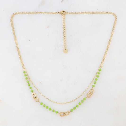 Collier double rangs avec perles en pâtes de verre vertes 39/41+5 cm