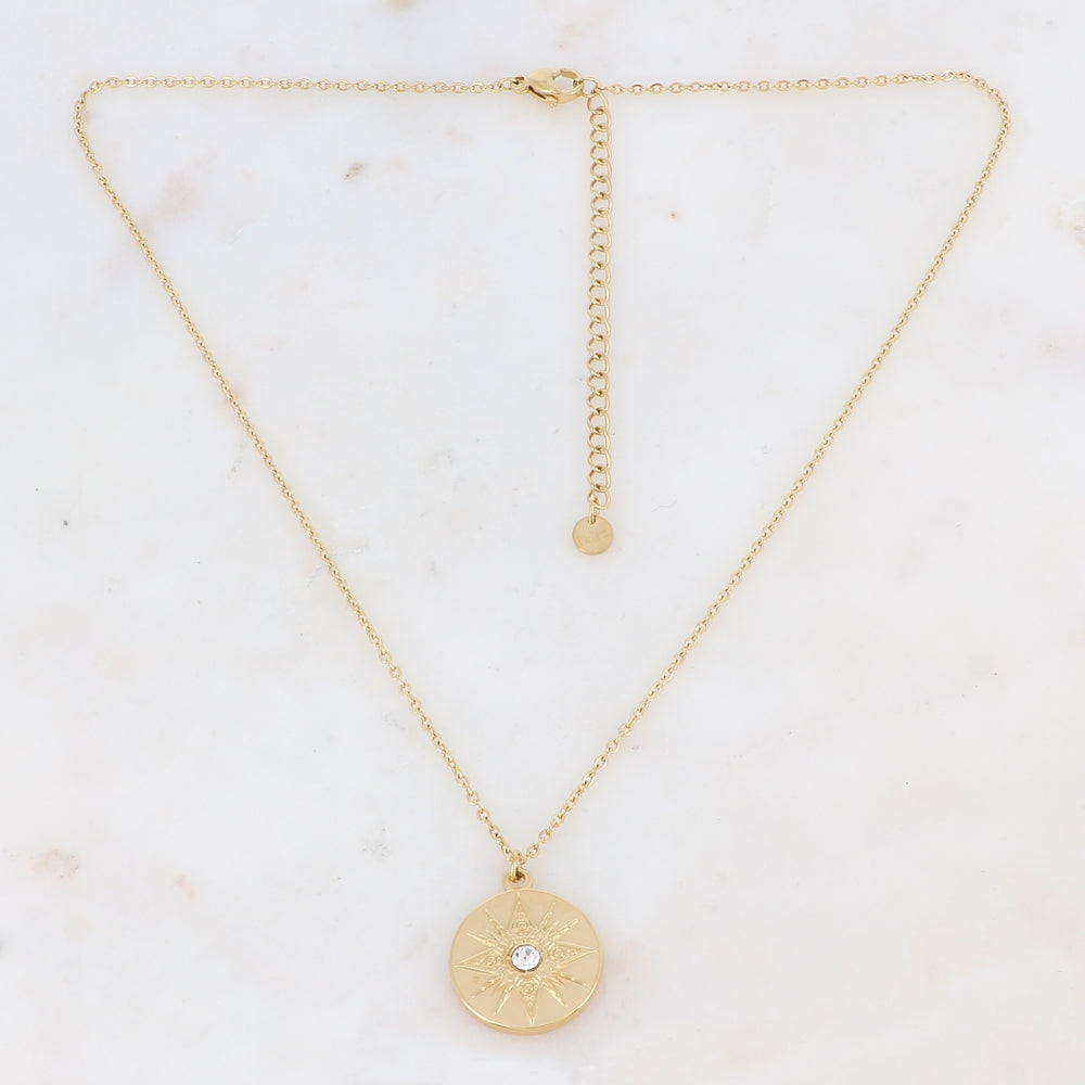 Collier doré avec une pampille ronde au motif étoile ornée d'un strass blanc 39+7 cm