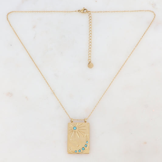 Collier doré avec une pampille rectangulaire ornée d'étoile, d'un soleil et d'une lune et de strass turquoises(40+5CM)