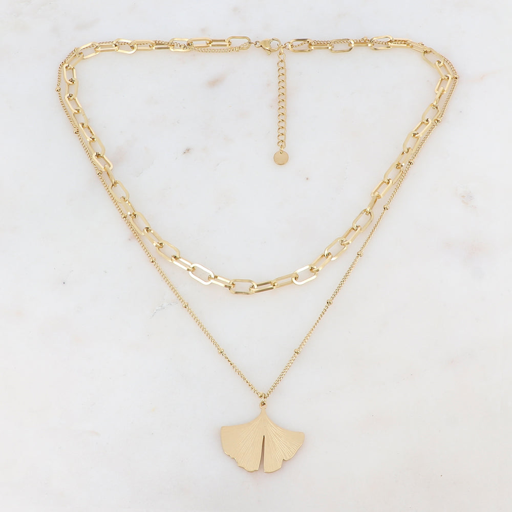 Collier 2 rangs dorées avec une feuille de ginkgo 40/45+5 cm