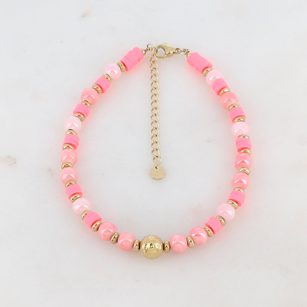 Chaîne de cheville avec perles en céramique, perles heishi et boule dorée (21.5+5CM)