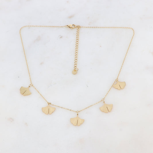 Collier doré embelli de 5 feuilles de gingko 40+5 cm