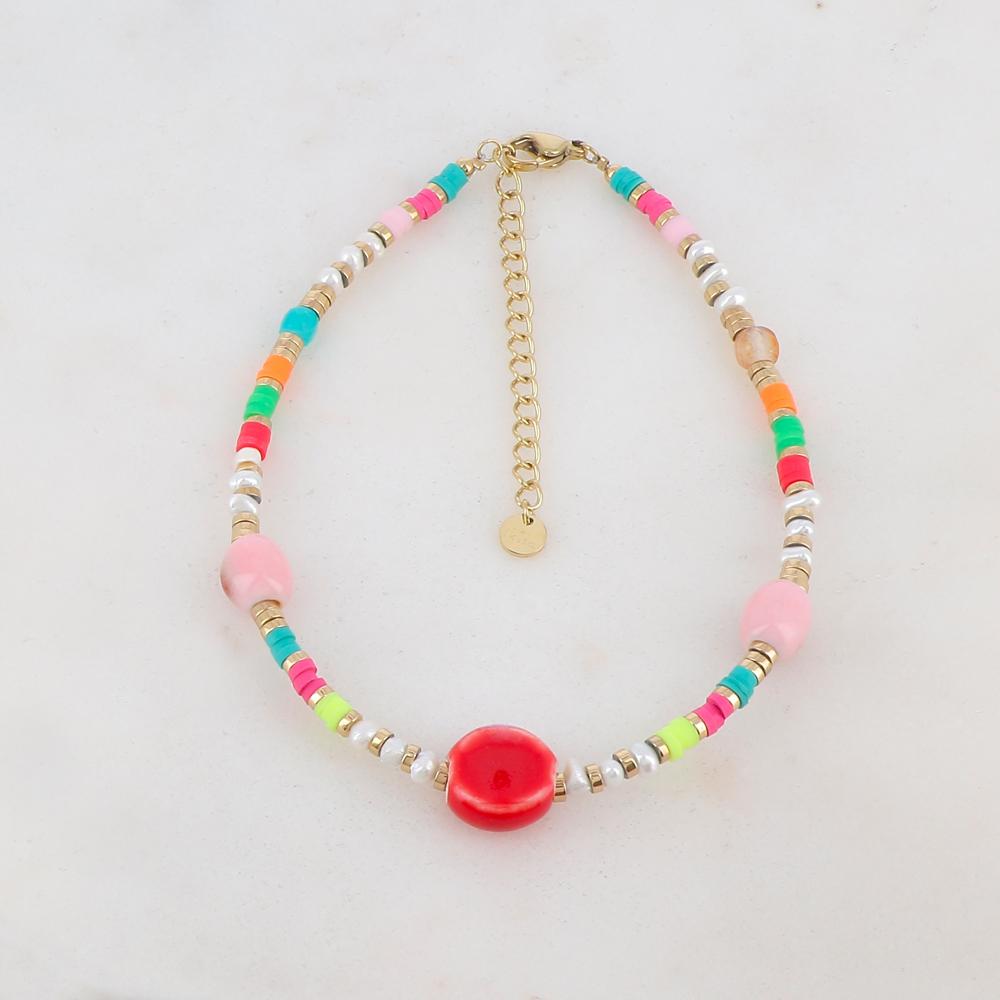 Chaîne de cheville avec pierres naturelles, céramique et perles d'eau douce (22.5+5CM)