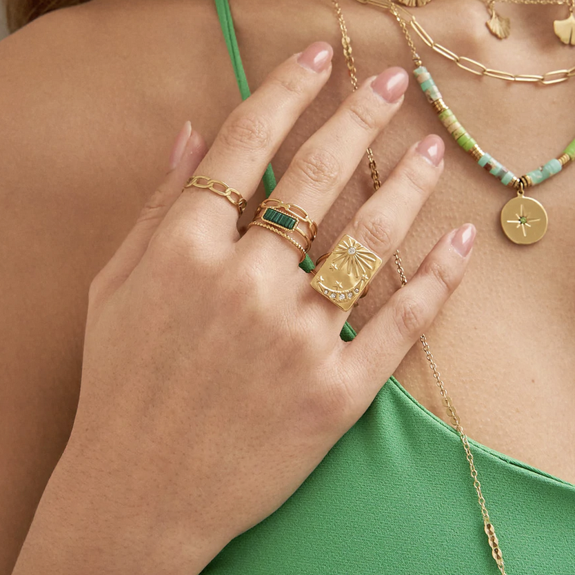 Bague avec soleil, lune, étoile et strass